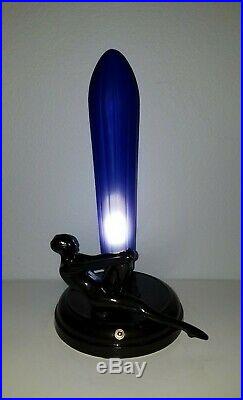 Frankart Art Deco Style Nymph Figural Lamp with Cobalt Tower / Blimp Shade