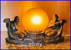 Frankart Era Art Deco Bronze Style Gondola Couple Amber Glass Globe Accent Lamp