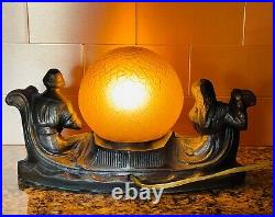 Frankart Era Art Deco Bronze Style Gondola Couple Amber Glass Globe Accent Lamp