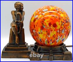 Frankart Era Nude Lady Figurine Spelter Lamp Czechoslovakia Spatter Glass Shade