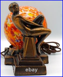 Frankart Era Nude Lady Figurine Spelter Lamp Czechoslovakia Spatter Glass Shade