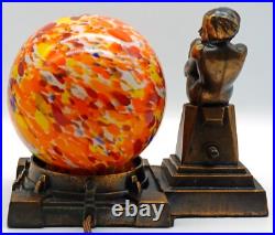 Frankart Era Nude Lady Figurine Spelter Lamp Czechoslovakia Spatter Glass Shade