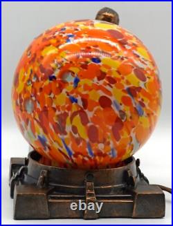 Frankart Era Nude Lady Figurine Spelter Lamp Czechoslovakia Spatter Glass Shade