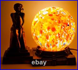 Frankart Era Nude Lady Figurine Spelter Lamp Czechoslovakia Spatter Glass Shade