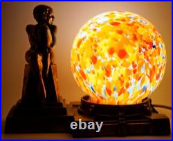 Frankart Era Nude Lady Figurine Spelter Lamp Czechoslovakia Spatter Glass Shade