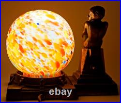 Frankart Era Nude Lady Figurine Spelter Lamp Czechoslovakia Spatter Glass Shade
