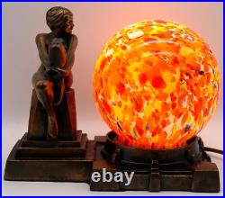 Frankart Era Nude Lady Figurine Spelter Lamp Czechoslovakia Spatter Glass Shade