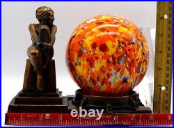 Frankart Era Nude Lady Figurine Spelter Lamp Czechoslovakia Spatter Glass Shade