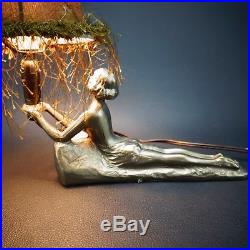 Frankart Nude Nymph Lying Down Art Deco Cast Metal Lamp with Flapper Style Shade