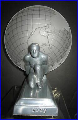 Frankart Sarsaparilla art deco Atlas & earth shade lamp polished aluminum USA