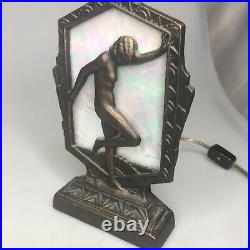 Frankart Style Flapper Nude Nymph Brass Lamp Art Deco Opalesque Shade 9 Wired