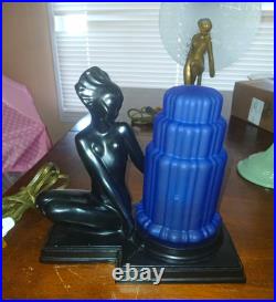 Frankart art deco fish face nymph table lamp black in metal and glass USA