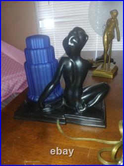 Frankart art deco fish face nymph table lamp black in metal and glass USA