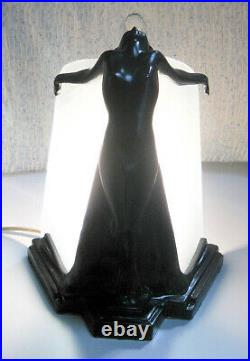 Frankart butterfly nymph in black art deco table lamp metal and glass USA made