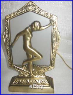 Frankart style flapper nymph art deco brass lamp with glass shade and wired USA