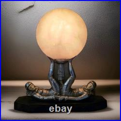 French Art Deco Dual Pierrot Acrobats Table Lamp with Alabaster Globe 1920s-30s
