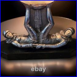 French Art Deco Dual Pierrot Acrobats Table Lamp with Alabaster Globe 1920s-30s