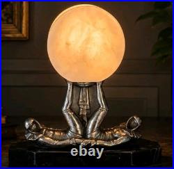 French Art Deco Dual Pierrot Acrobats Table Lamp with Alabaster Globe 1920s-30s