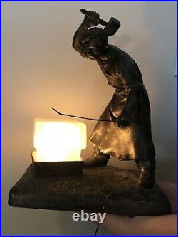 French Art Deco Era Le Forgeron Blacksmith Figural Lamp Signed Mednat! Rare
