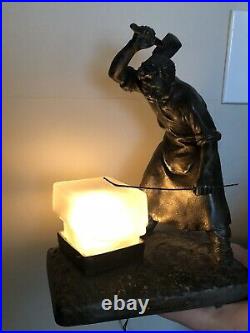 French Art Deco Era Le Forgeron Blacksmith Figural Lamp Signed Mednat! Rare