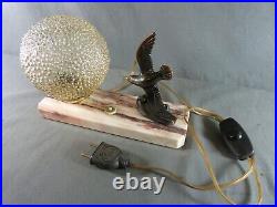 French Art Deco Gull night light lamp in bronze on marble base, Bedside lamp