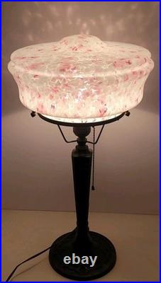 French Art Deco Lamp with Pink Speckled Glass Shade & Metal Studs French Art Deco Lamp with Pink Speckled Glass Shade & Metal Studs