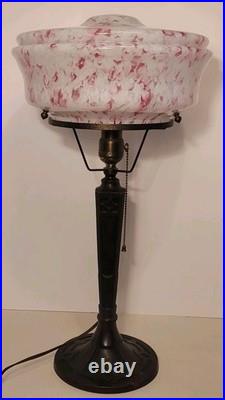 French Art Deco Lamp with Pink Speckled Glass Shade & Metal Studs French Art Deco Lamp with Pink Speckled Glass Shade & Metal Studs
