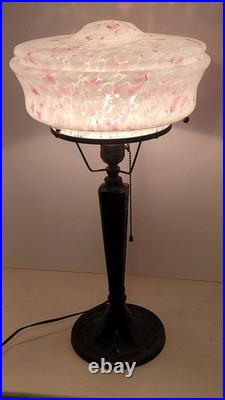 French Art Deco Lamp with Pink Speckled Glass Shade & Metal Studs