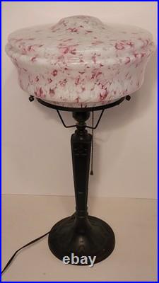 French Art Deco Lamp with Pink Speckled Glass Shade & Metal Studs