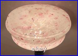 French Art Deco Lamp with Pink Speckled Glass Shade & Metal Studs French Art Deco Lamp with Pink Speckled Glass Shade & Metal Studs
