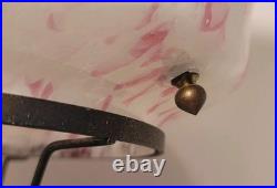 French Art Deco Lamp with Pink Speckled Glass Shade & Metal Studs