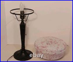 French Art Deco Lamp with Pink Speckled Glass Shade & Metal Studs
