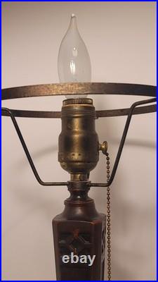 French Art Deco Lamp with Pink Speckled Glass Shade & Metal Studs