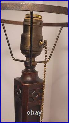 French Art Deco Lamp with Pink Speckled Glass Shade & Metal Studs