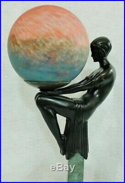 French Art Deco Max Le Verrier Style Nude Flapper Obelisk Marble Bronze Lamp