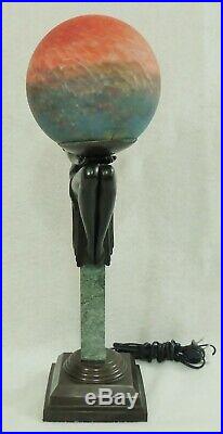 French Art Deco Max Le Verrier Style Nude Flapper Obelisk Marble Bronze Lamp