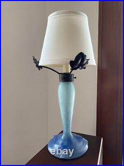 French Art Deco Petite Table Lamp Pate De Verre Blue Glass Bronze Leaf Mounts