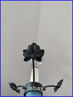 French Art Deco Petite Table Lamp Pate De Verre Blue Glass Bronze Leaf Mounts