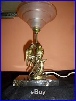 French Art Deco Spelter Lovebirds On Marble Base Mood Lamp