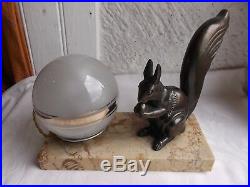 French Art Deco style table lamp with squirrel frost glass shade marble base