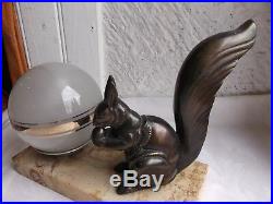 French Art Deco style table lamp with squirrel frost glass shade marble base