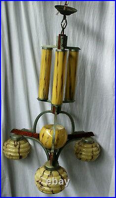 French rare art deco wood metal glass Chandelier lamp