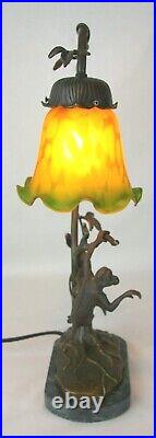 Gatco Tin Chi Monkey In Tree Table Lamp with Amber Shade Rare Art Deco Solid Brass