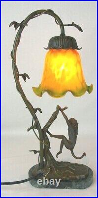 Gatco Tin Chi Monkey In Tree Table Lamp with Amber Shade Rare Art Deco Solid Brass