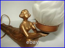 Gold Painted Art Deco Metal Lounging Lady Desk Table Lamp Frosted Flame Shade