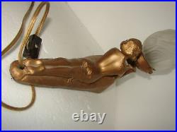 Gold Painted Art Deco Metal Lounging Lady Desk Table Lamp Frosted Flame Shade