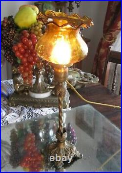Gorgeous Antique Gilt Metal Amber Glass Art Deco Lamp