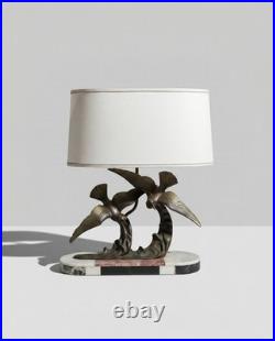 H. Molins Lampe de table Art Déco en bronze aux oiseaux, base en marbre, 1920