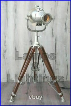 Handmade Home Spotlight Floor Lamp Decor. Wooden Hinds Tripod Aluminum Vintage