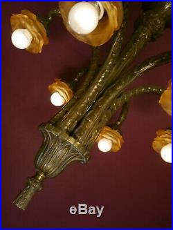 Heavy Antique Bronze Art Deco 6 Light Chandelier Foyer Hall Lustre Old Lamp